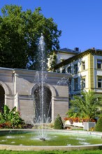 Spa garden, at the Regentenbau, Bad Kissingen, Rhön, Lower Franconia, Franconia, Bavaria, Germany,