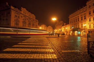 The Lesser Town Square in Prague at night with the tram in a long exposure