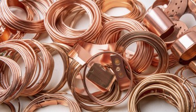 Material, metal, copper, a large amount of copper metal waste on a stockpile for recycling