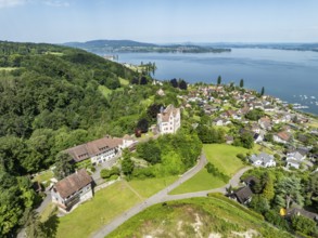 Aerial view of Salenstein Castle above the municipality of Mannenbach-Salenstein on western Lake