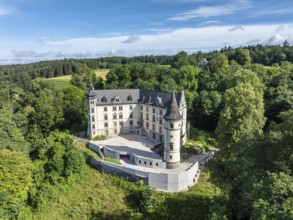 Aerial view of Steinegg Castle, a castle rebuilt in 1887 in the Neo-Renaissance style and renovated