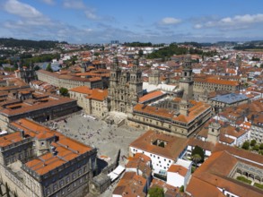 The aerial view shows a striking cathedral with red roofs in a historic cityscape