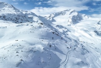 Aerial view, snowy mountain landscape, ski tourers on the ascent, behind Cevedale, Ortler group,