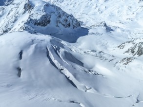 Aerial view, snow-covered mountain landscape, glacier with crevasse on Cevedale, Ortler group,