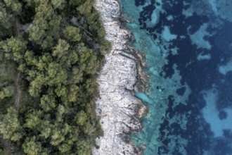 Aerial view, detail view, coast and blue sea water, island of Hvar, Dalmatia, Croatia, Europe