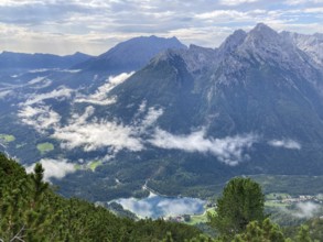 View of the Hintersee in the Ramsau, with the Hochkalter above and the Watzmann behind,