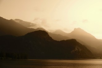 Mountain scenery at Lake Kochel, thunderstorm atmosphere, end of August, Upper Bavaria, Bavaria,