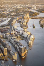 Aerial view of Hamburg harbour at sunset with Elbe, Elbe Philharmonic Hall, Hafen City, Hamburg,