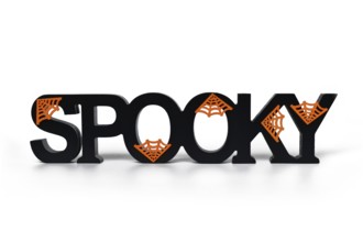 Halloween decor wooden letters saying 'Spooky' with orange cobwebs on white background