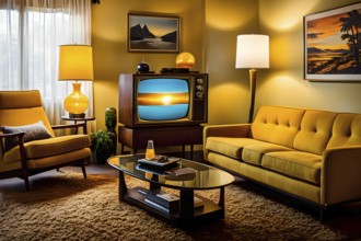 Cozy living room from the 1970s, with a vintage TV set, AI generated