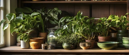 A sunlit kitchen corner, with a rustic wooden shelf holding neatly arranged ceramic bowls and a