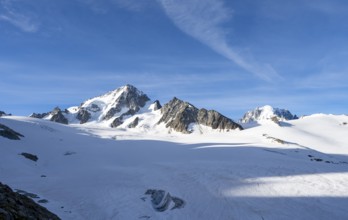 High alpine mountain landscape, summit of the Aiguille de Chardonnet and Glacier du Tour, glaciers