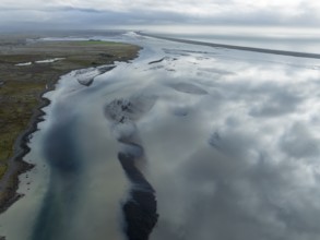 Aerial view of the coast, offshore sandbank, clouds are reflected on the water, east of Höfn, East