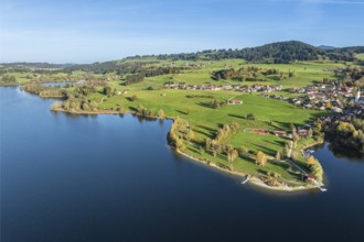 Sports facility and bathing area, lake Rottachsee, village Petersthal, autumn, aerial view,