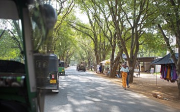 View from a tuk-tuk convoy on an avenue in Kataragama, Uva Province, Sri Lanka, Asia