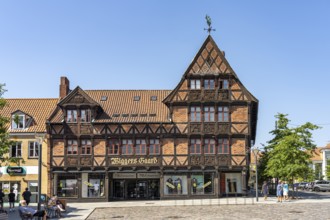 Half-timbered house Wiggers Gaard on the market square in Svendborg, Denmark, Europe