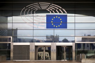 Entrance to the Altiero Spinelli building with the logo of the European Parliament, Brussels,