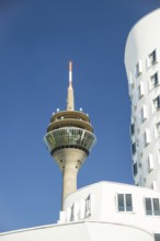 Gehry buildings and television tower, Media Harbour, Neuer Zollhof, Düsseldorf, North