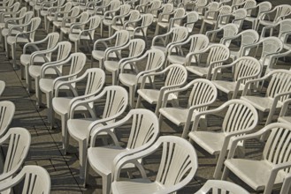 White plastic chairs arranged in rows, Münsterplatz, Ulm, Baden-Württemberg, Germany, Europe