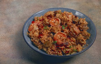 Jambalaya, Creole dish, American pilaf, rice with chicken and shrimp, vegetables, homemade, no