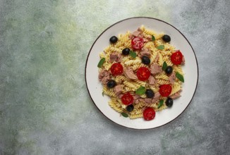 Tuna salad, fusilli pasta, olives and cherry, olive oil, homemade