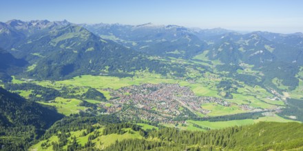 Panorama from the Gaisalphorn, 1953m, on Oberstdorf, behind it the Kleinwalsertal, Allgaeuer Alps,