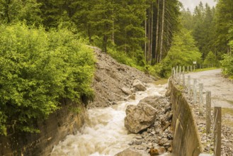 Landslide into the Oybach, Oytal near Oberstdorf, Allgaeu, Bavaria, Germany, Europe