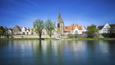 Panorama over the Danube to Ulm with Ulm Minster and Metzgerturm, Baden-Württemberg, Germany,