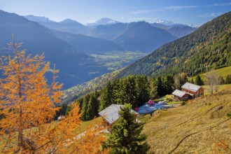 Autumn landscape with chalets above the Rhone valley and panorama of Fletschhorn 3985m, Dom 4545m