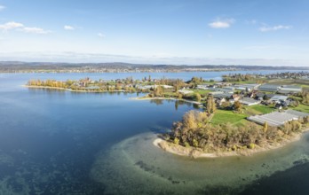 Aerial view of the southwestern part of the island of Reichenau with autumn vegetation, Lake