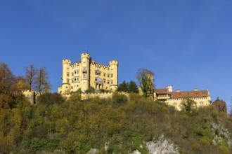 An impressive castle on a wooded hill with rocky ground, Hohenschwangau Castle, Schwangau,