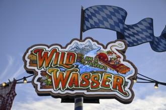 Sign on the wild water ride at the Oktoberfest, Munich, Bavaria, Germany, Europe