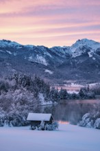 Dawn and sunrise at the wintry Forggensee in a snow-covered winter landscape in the foothills of