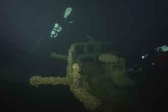 Divers explore the shipwreck of an old ship in deep water overgrown with mussels, quagga triangle