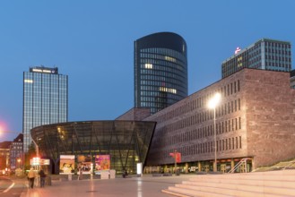 City centre with city and state library and RWE Tower in Dortmund, North Rhine-Westphalia, Germany,