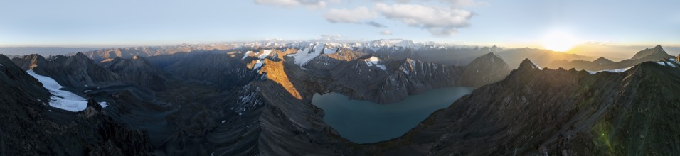 Evening mood, mountain panorama, aerial view, 4000 metre peak with glacier, mountain pass and