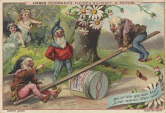 Picture series Elves and gnomes, dwarves swinging on a tin, Liebig picture, digitally restored