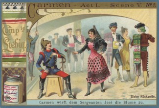 Picture series Opera Carmen, Carmen throws the flower to the sergeant, Liebig picture, digitally