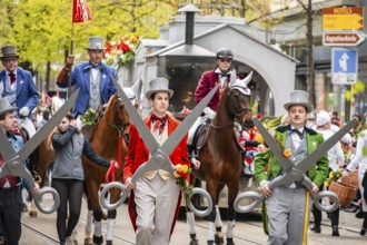 Parade of historically costumed guildsmen, Sechseläuten or Sächsilüüte, Zurich Spring Festival,