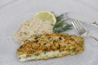 Swabian cuisine, fillet of Lake Constance whitefish with herbs and creamed cabbage, sauerkraut,