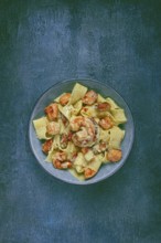 Papardelle pasta in creamy sauce with seafood, homemade, no people