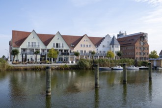 Gabled houses and granary buildings on the castle island, Peenestrom, Wolgast, Usedom Island,