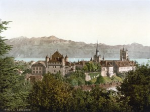 Lausanne, general view, with Savoy Alps, Geneva Lake, Switzerland, Historic, digitally restored