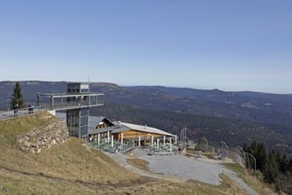 View from the Arber to Arber mountain station, Eisensteiner Hütte, Arber, Bavarian Forest, Bavaria,