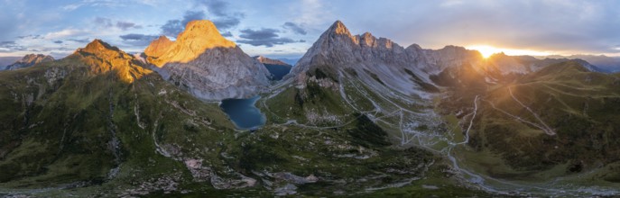 Alpine panorama, Hohe Warte and Wolayersee, sunset in the mountains, aerial view, Carnic Alps,