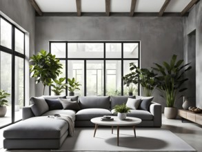 Render of a minimalist living room with clean lines and neutral tones, featuring a modern grey