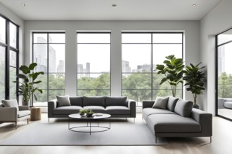 Render of a minimalist living room with clean lines and neutral tones, featuring a modern grey