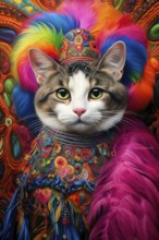 Bengal cat dressed in colorful carnival clothing, AI generated