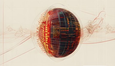 Illustration of an abstract, vibrant orange colored rotating digital sphere with patterns