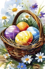 Illustration of of vibrant colored Easter eggs in a wicker basket, surrounded by delicate spring